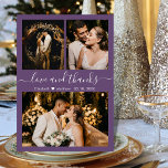 Love and Bedankt Mauve Photo Collage Hartelijk dan<br><div class="desc">Elegant, minimalistisch met handschrift 3 Foto collage Hartelijk dank in Mauve kleur. Stijlvolle bruiloft bedankt je sjabloon met drie foto's op de voorkant en één foto op de achterkant. Met de tekst "Liefde en bedankt" in een handgeschreven lettertype van typografie met letters in wit op een stoffige of stoffige paarse...</div>
