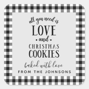 Love and Christmas Cookies Black & White Plaid Vierkante Sticker