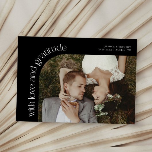 Love and Gratitude Black Wedding Photo Bedankkaart