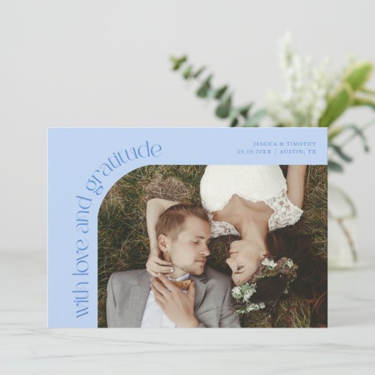 Love and Gratitude Icy Blue Wedding Photo Bedankkaart (Staand voorkant)