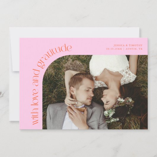 Love and Gratitude Orange Pink Wedding Photo Bedankkaart (Voorkant)
