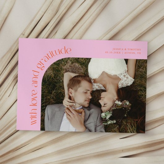 Love and Gratitude Orange Pink Wedding Photo Bedankkaart