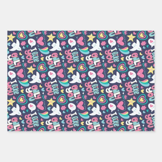 Love and Heart Blue Doodle Pattern Valentijnsdag Inpakpapier Vel (Voorkant)