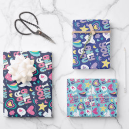 Love and Heart Blue Doodle Pattern Valentijnsdag Inpakpapier Vel