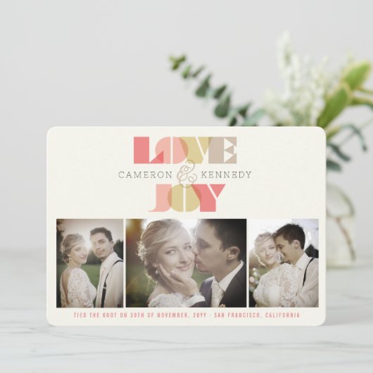 Love and Joy Clear Geo Typography 4 Photo Wedding Feestdagenkaart (Staand voorkant)