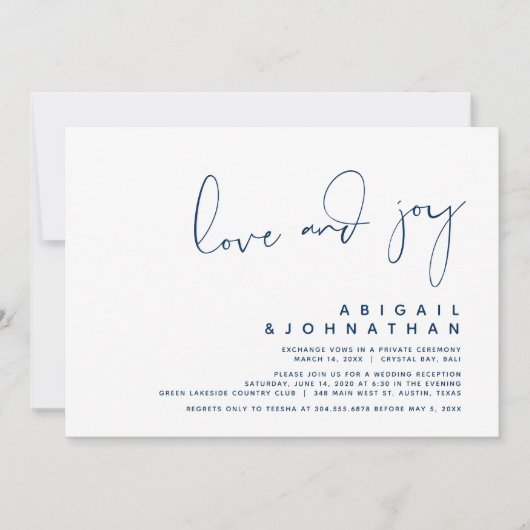 Love and Joy, Modern Wedding Elopement, Navy Blue Kaart (Voorkant)