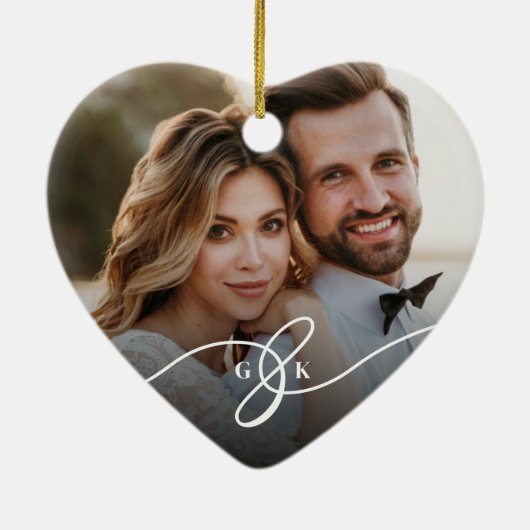 Love and Joy Mr. & Mrs. 1st kerstfoto Wedding Keramisch Ornament (Achterkant)
