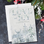 Love and Joy Snowy Winter Forest and Stag Happy Feestdagenkaart<br><div class="desc">Persoonlijke kerstkaart voor Liefde en Joy waterverf met sneeuwwinterbos en vlek in zachte tinten blauw en groen. De woorden "wensen jullie liefde en vreugde" staan erop en je kunt de resterende tekst personaliseren. Subtiel en elegant ontwerp van de waterverf met decoratieve typografie.</div>