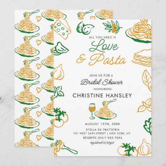 Love and Pasta Hand Drawn Bridal shower Kaart (Voorkant / Achterkant)