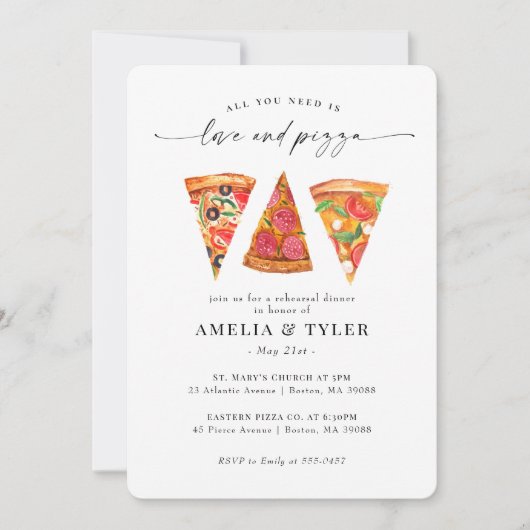 Love and Pizza Rehearsal Dinner Kaart (Voorkant)