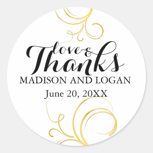 Love and Thanks Gold Swirl Wedding Sticker Custom (Voorkant)