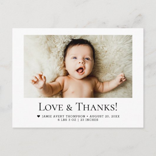 Love and Thanks Horizontal Baby Photo Birth Stats Briefkaart (Voorkant)