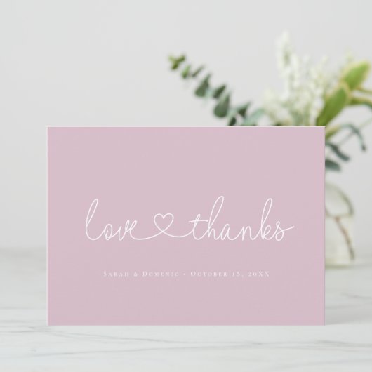 Love and Thanks Minimal script heart photo pink Bedankkaart (Staand voorkant)