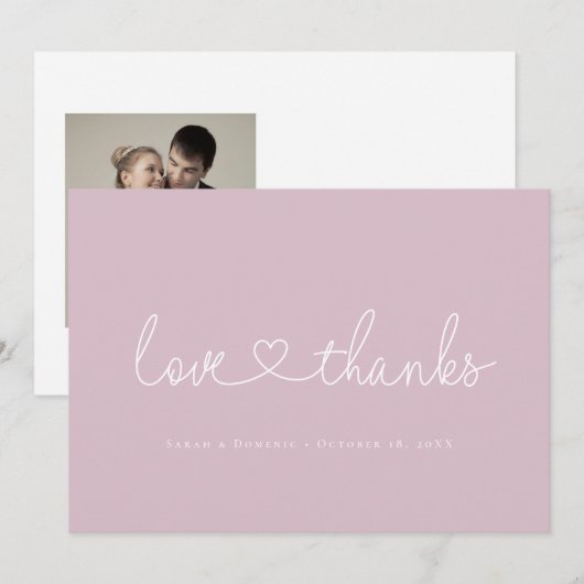 Love and Thanks Minimal script heart photo pink Bedankkaart (Voorkant / Achterkant)