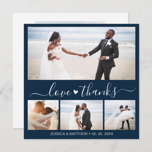Love and Thanks Navy Script Photo Collage Wedding (Voorkant / Achterkant)