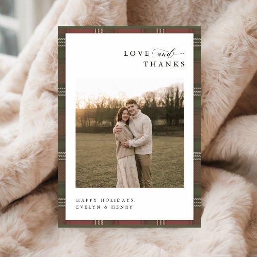 Love and Thanks | Newlywed Plaid Christmas Photo Bedankkaart
