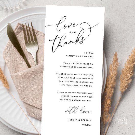 Love and Thanks, Wedding Dinner Thank You Card Programmakaart