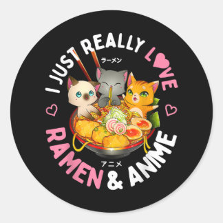 Love Anime and Ramen Japanese Noodles Cat Kawaii Ronde Sticker