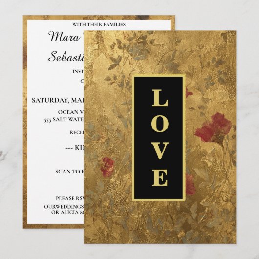 *~ LOVE AR66 RSVP QR  Gold Wedding Kaart (Voorkant / Achterkant)