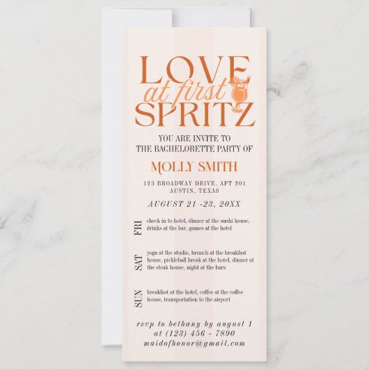 Love at First Spritz Bachelorette Itinerary Kaart (Voorkant)