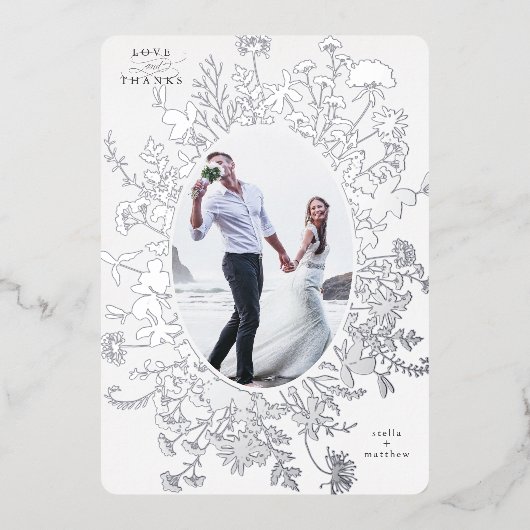 Love & Bedankt Floral Silver Foil Dank u kaart (Voorkant)