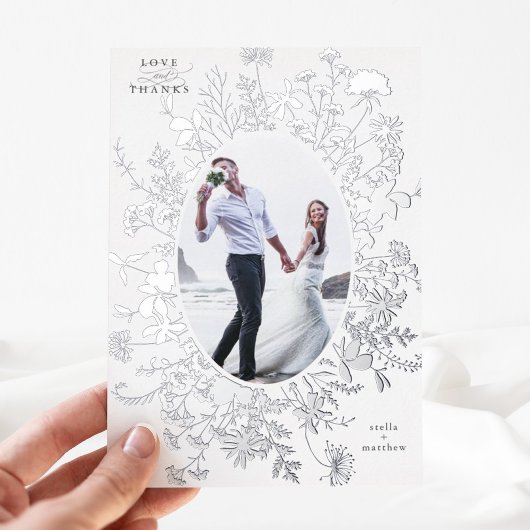 Love & Bedankt Floral Silver Foil Dank u kaart