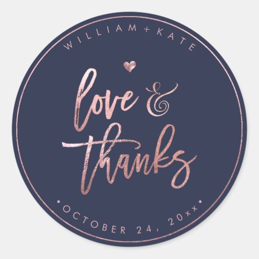 Love+Bedankt, Modern Script Roos Gold+Navy Blue Ronde Sticker (Voorkant)