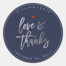 Love+Bedankt, Modern Script Silver+Navy Blue Ronde Sticker