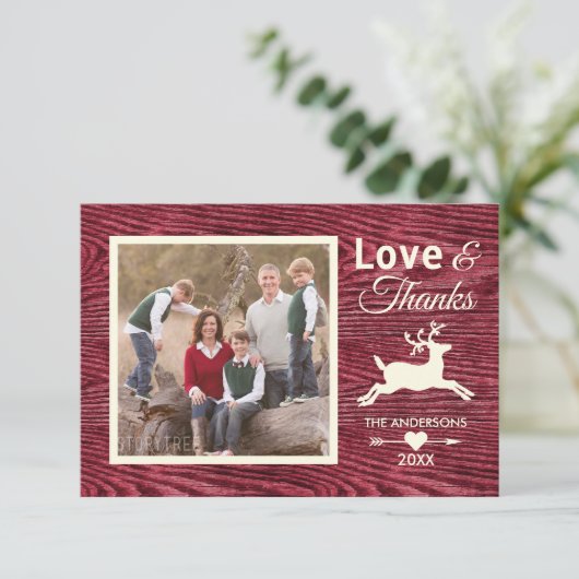 Love Bedankt Red Rustic Wood Family Photo Holiday (Staand voorkant)
