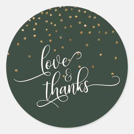 Love & Bedankt Script, Gold Confetti en Evergreen Ronde Sticker (Voorkant)