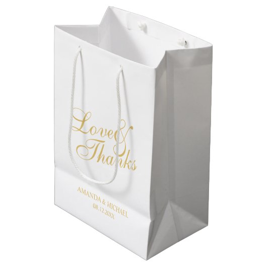 'Love & Bedankt White & Gold Elegant Wedding Favor Medium Cadeauzakje (Voorkant Gekanteld)