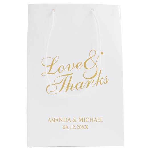 'Love & Bedankt White & Gold Elegant Wedding Favor Medium Cadeauzakje (Voorkant)