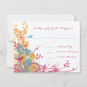 LOVE Bird Bloemrijk Roze en Blauwe Huwelijk RSVP Kaartje