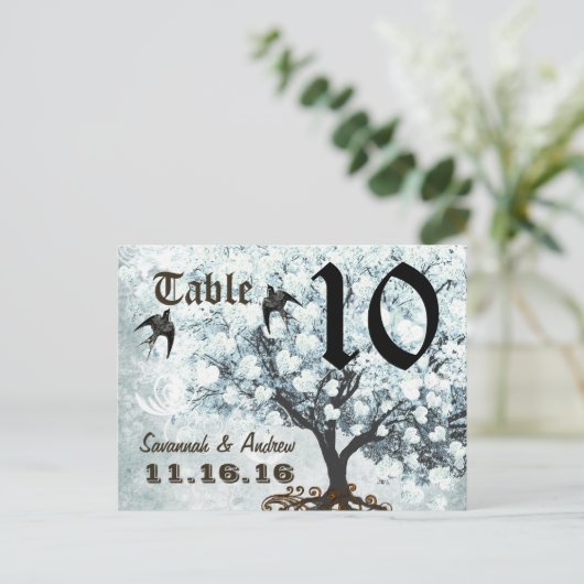 Love Bird Blue Table Number Heart Leaf Tree Briefkaart (Staand voorkant)