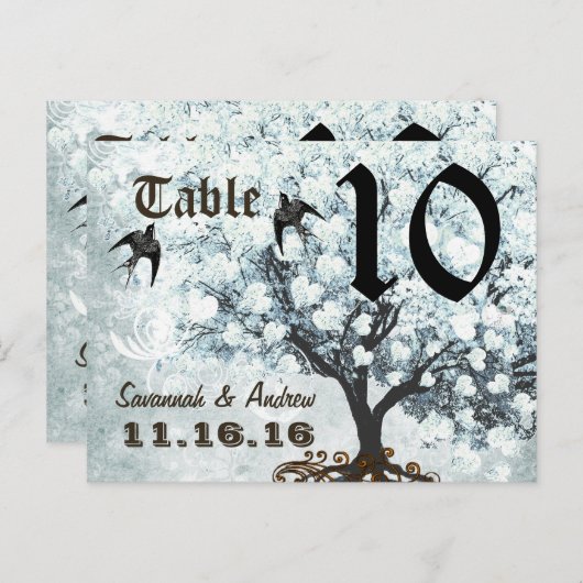 Love Bird Blue Table Number Heart Leaf Tree Briefkaart (Voorkant / Achterkant)