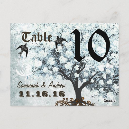 Love Bird Blue Table Number Heart Leaf Tree Briefkaart (Achterkant)