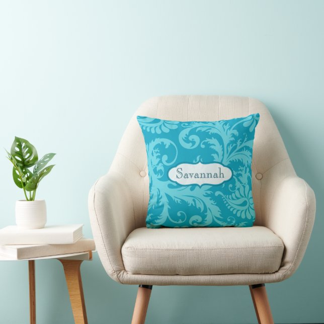 Love Bird Damask Bright Aqua Personalized Kussen (Stoel)