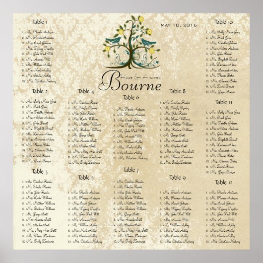 Love Bird  Damask Seating Chart 12 Tables Poster (Voorkant)