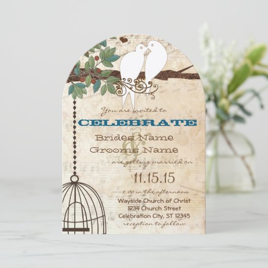 Love Bird Doves Sitting in a Tree Weduwen Invite Kaart (Staand voorkant)