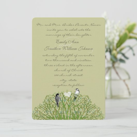 Love Bird Green Swirl Tree Weddenschap Kaart (Staand voorkant)