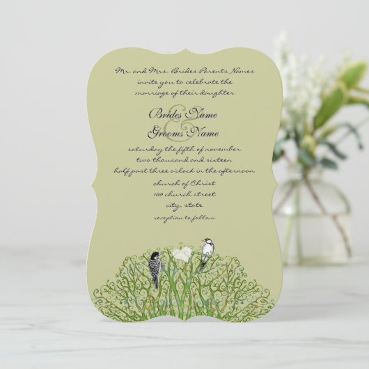 Love Bird Green Swirl Tree Weddenschap Kaart (Staand voorkant)