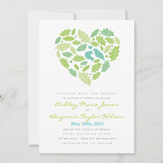 Love Bird Leaf and Heart Wedding Invitation Kaart (Voorkant)