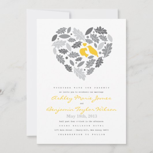 Love Bird Leaf and Heart Wedding Invitation Kaart (Voorkant)