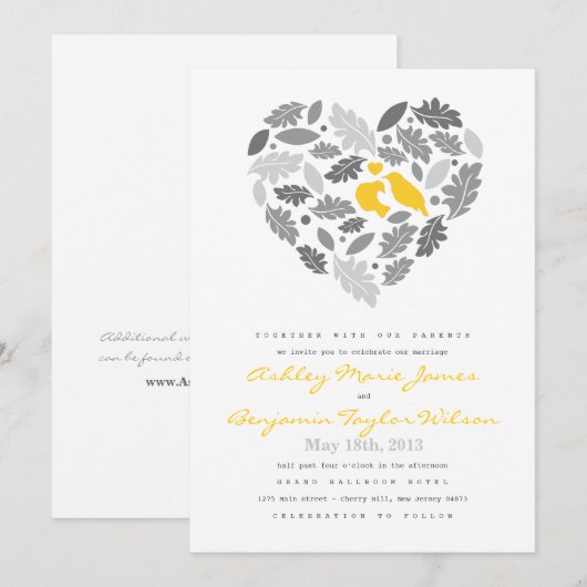 Love Bird Leaf and Heart Wedding Invitation Kaart (Voorkant / Achterkant)