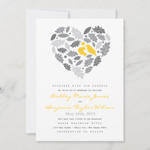 Love Bird Leaf and Heart Wedding Invitation Kaart