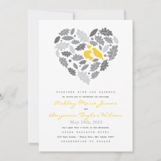 Love Bird Leaf and Heart Wedding Invitation Kaart