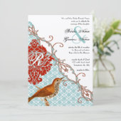 Love Bird Red (meer rood) Endive Damask Wedding Kaart (Staand voorkant)