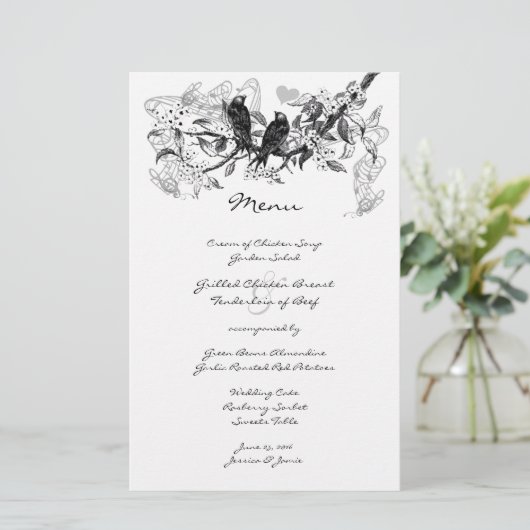  Love Bird White Flower Branch Wedding Menu (Staand voorkant)
