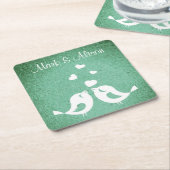 Love Birds Elegant Green Personalised Kartonnen Onderzetters (Schuin)