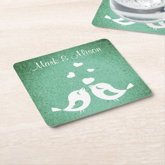 Love Birds Elegant Green Personalised Kartonnen Onderzetters (Schuin)